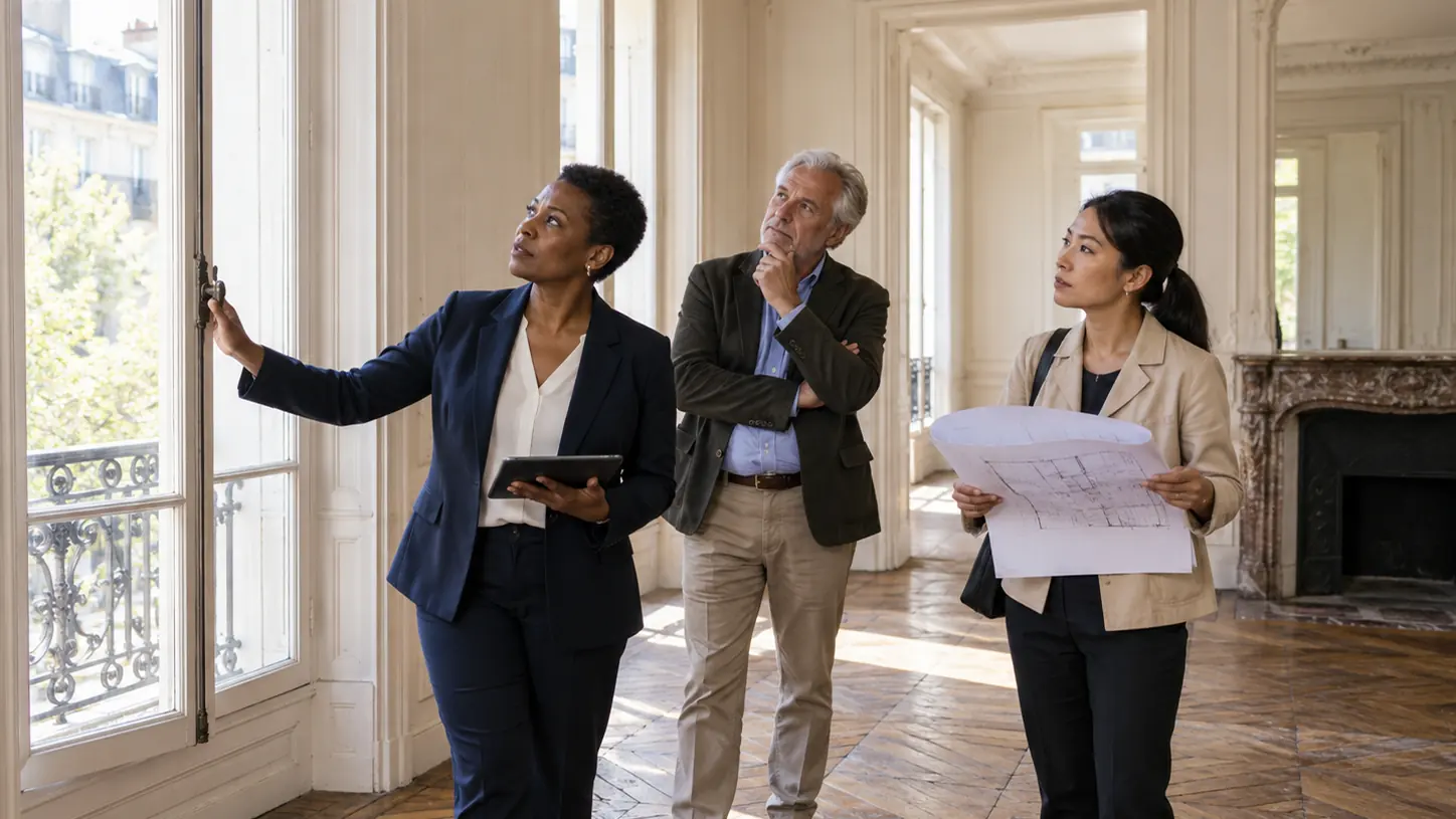 Visite d'un appartement ancien aux grandes fenêtres