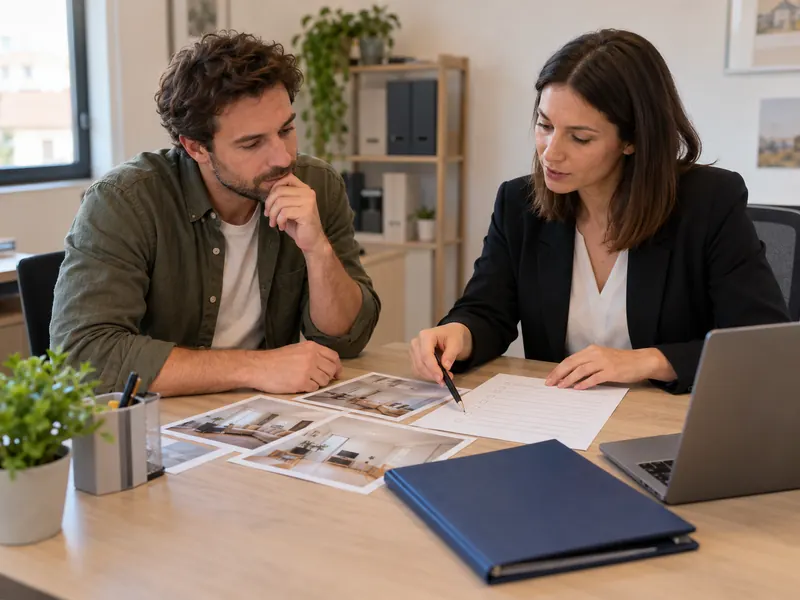 Une propriétaire et un conseiller étudient un dossier de travaux autour d'une table