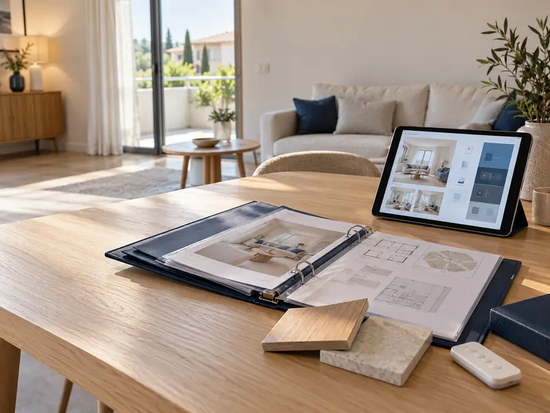 Dossier du logement remis sur une table : plans et tablette