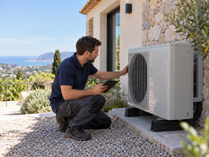 Technicien vérifiant une unité extérieure de climatisation