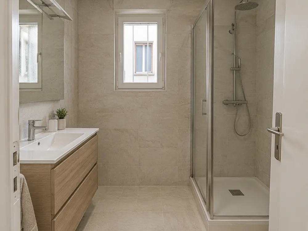 Simulation après travaux : salle d'eau rénovée, douche vitrée, meuble vasque en bois clair