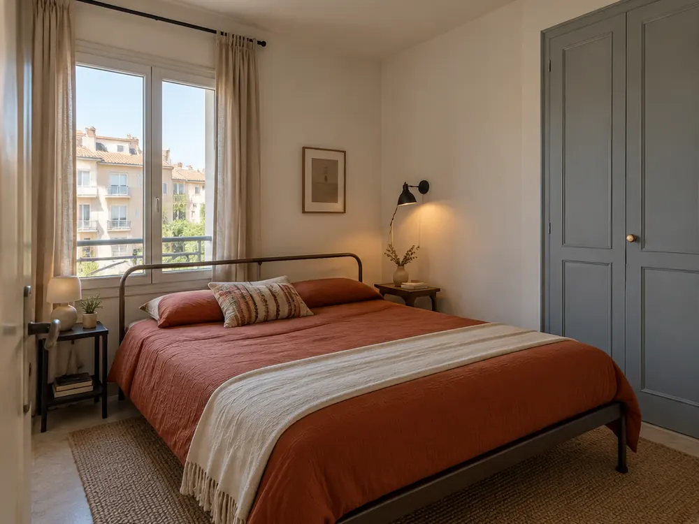 Simulation après travaux : chambre meublée, lit métallique et linge terracotta