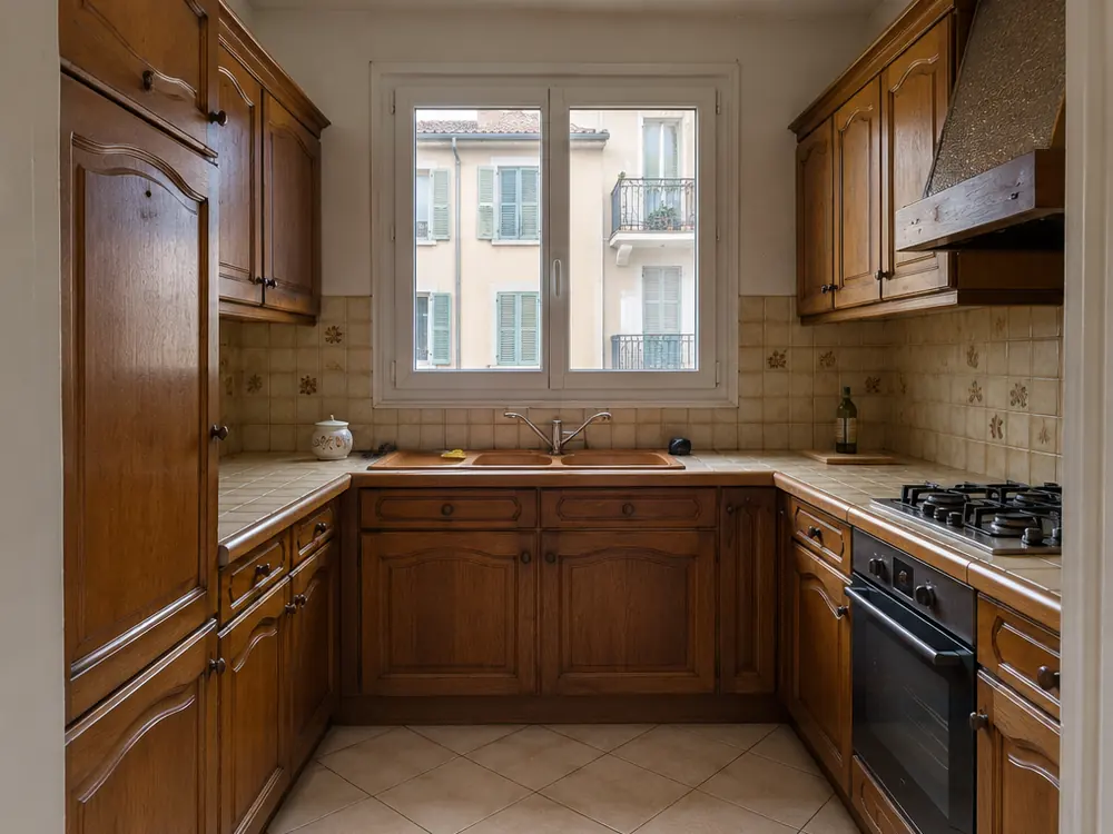 Simulation avant travaux : cuisine en bois foncé et carrelage daté