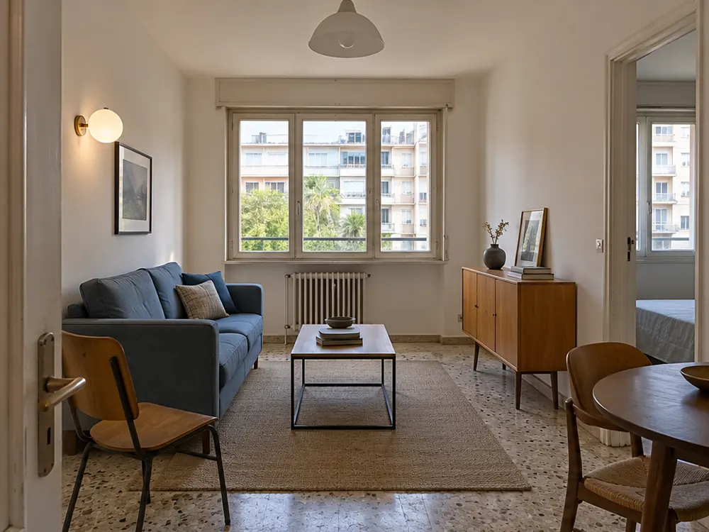 Simulation après travaux : séjour d'appartement meublé, canapé bleu ardoise, sol d'origine