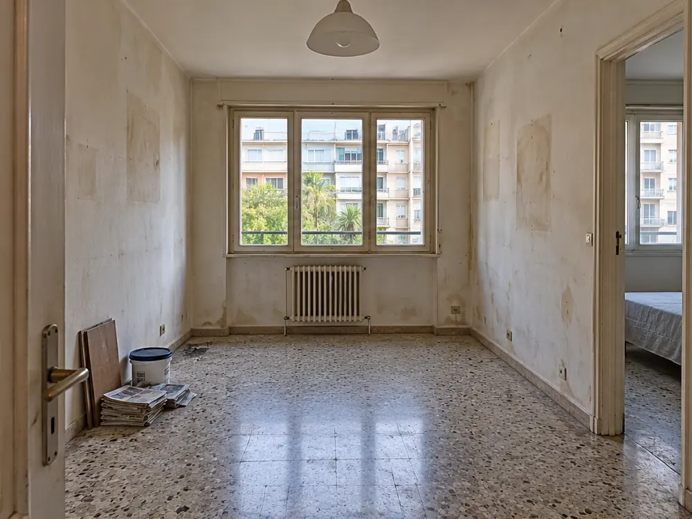 Simulation avant travaux : séjour vide d'un appartement ancien, murs tachés