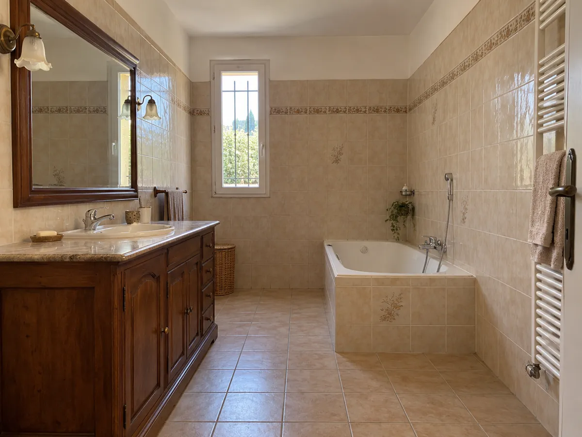 Simulation avant travaux : salle de bains au carrelage beige daté, meuble en bois foncé