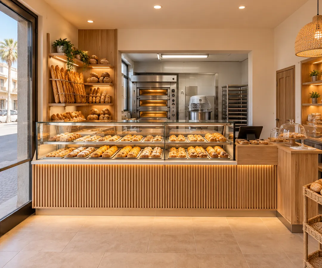 Simulation après travaux : boulangerie avec comptoir en bois clair, vitrine et présentoirs garnis
