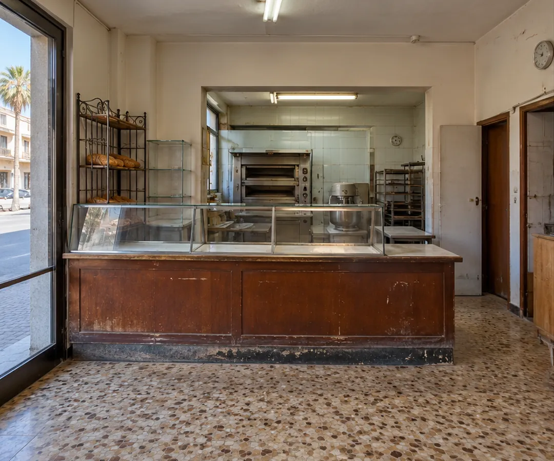 Simulation avant travaux : boutique de boulangerie vieillie, comptoir sombre, sol en granito