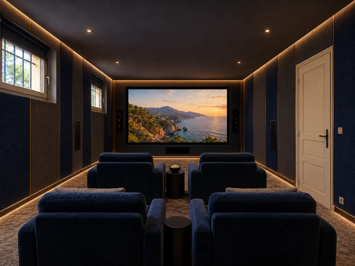 Simulation après travaux : salle de cinéma privée, panneaux acoustiques, écran et quatre fauteuils