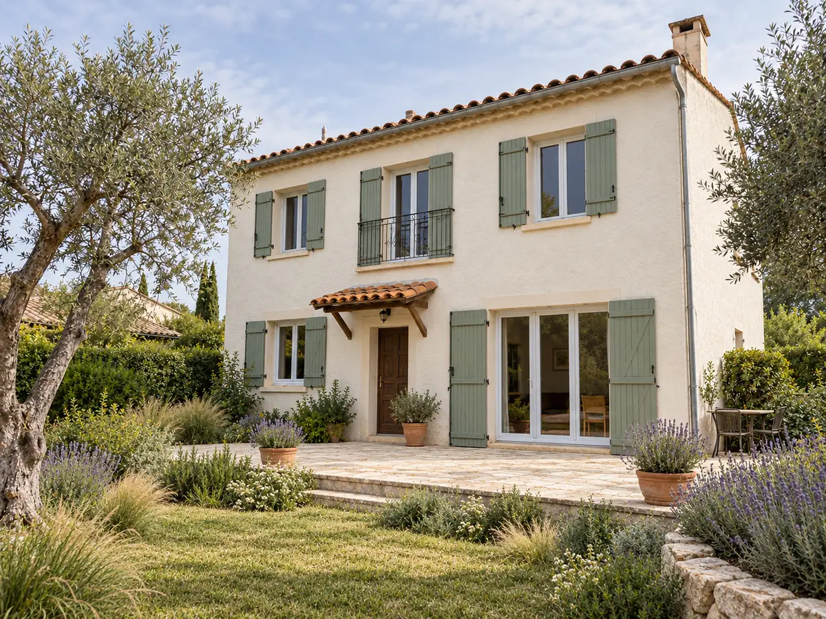 Simulation après travaux : la même maison, enduit blanc chaud, volets vert sauge, jardin entretenu