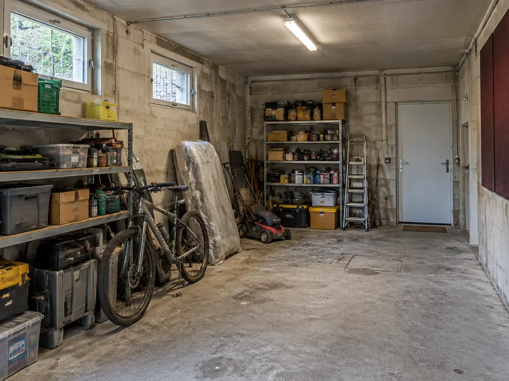Simulation avant travaux : garage encombré, étagères, vélo et sol en béton