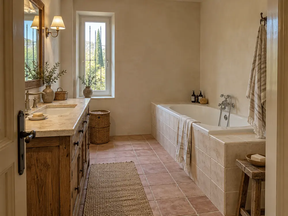 Simulation après travaux : salle de bains provençale aux tons pierre et bois clair
