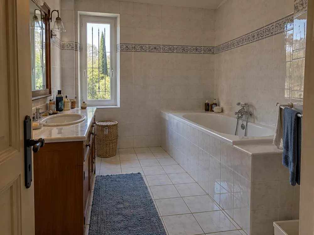 Simulation avant travaux : salle de bains au carrelage blanc daté et à la frise bleue