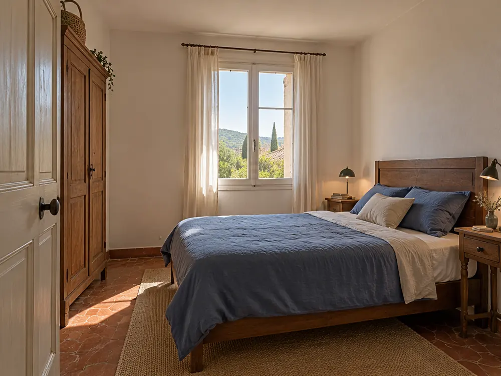 Simulation après travaux : chambre meublée, lit en bois et linge bleu