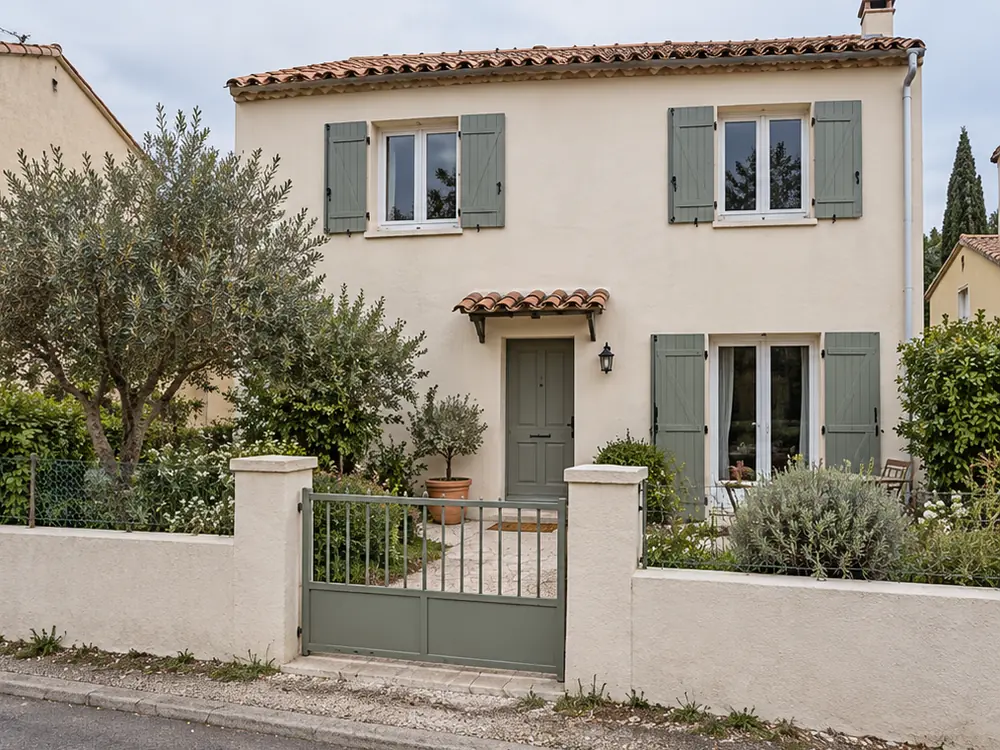 Simulation après travaux : façade enduite, volets repeints, mur de clôture repris et portail neuf