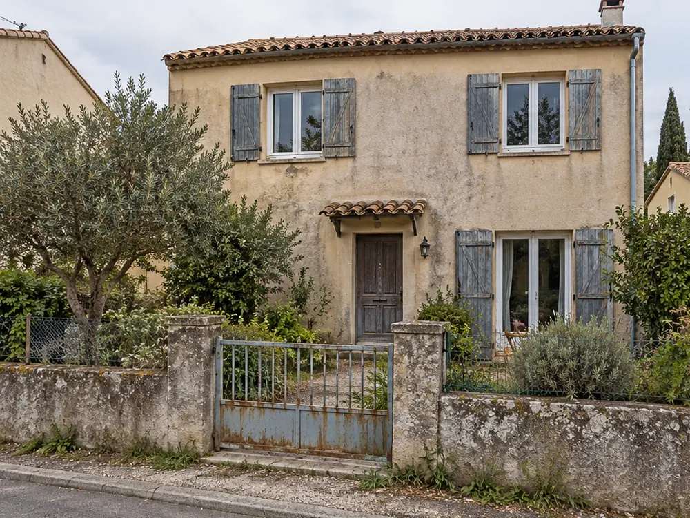 Simulation avant travaux : maison à la façade patinée, mur de clôture abîmé, portail rouillé