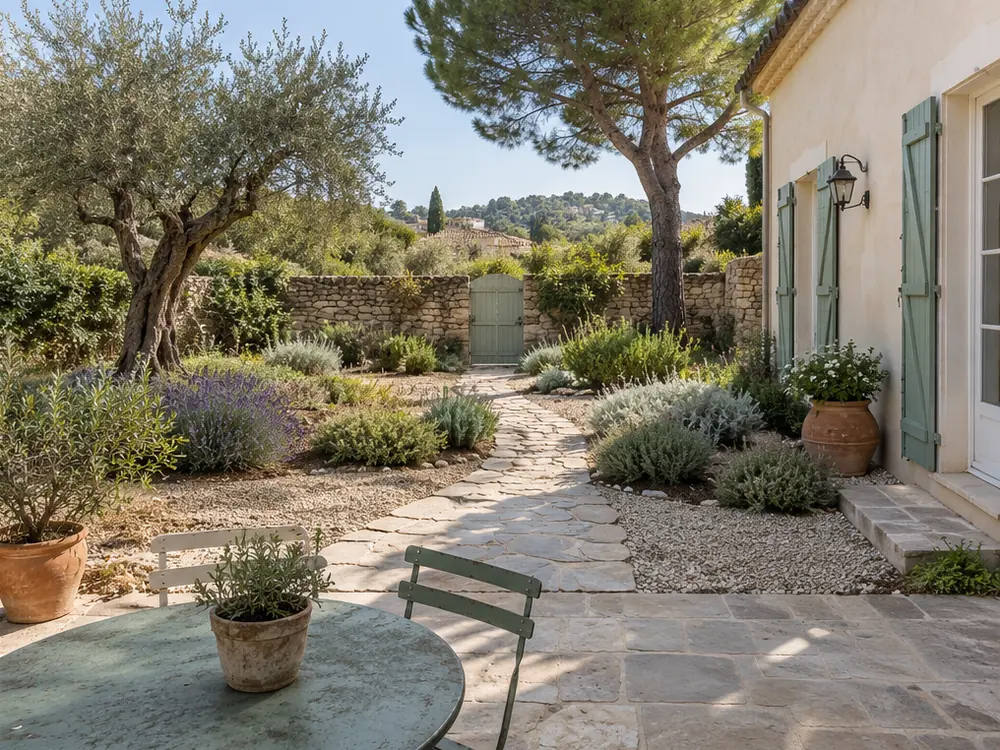 Simulation après travaux : jardin provençal réaménagé, allée dégagée, massifs de lavande