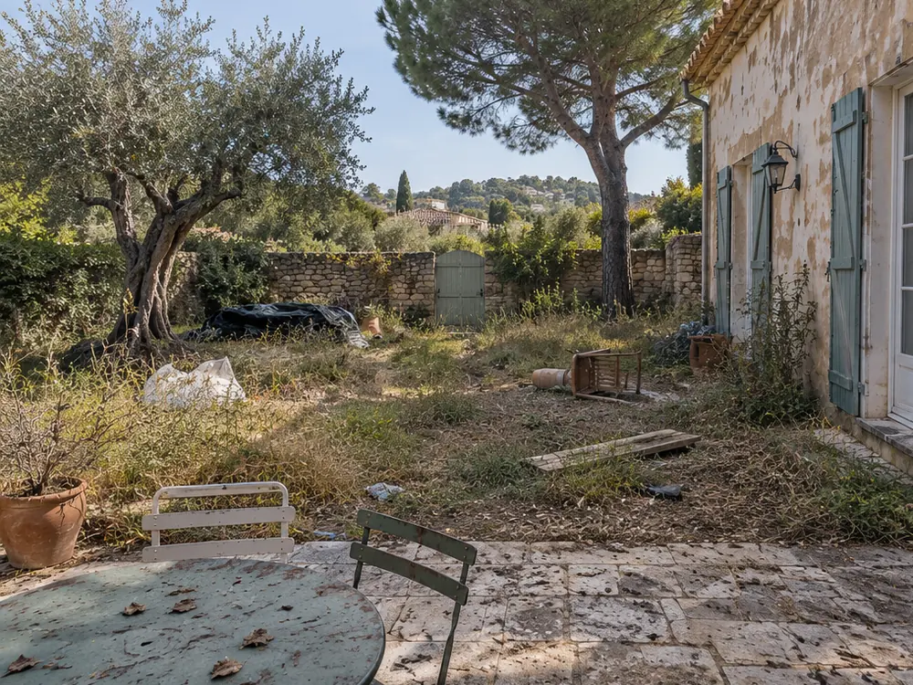 Simulation avant travaux : jardin provençal à l'abandon, herbes sèches, allée envahie