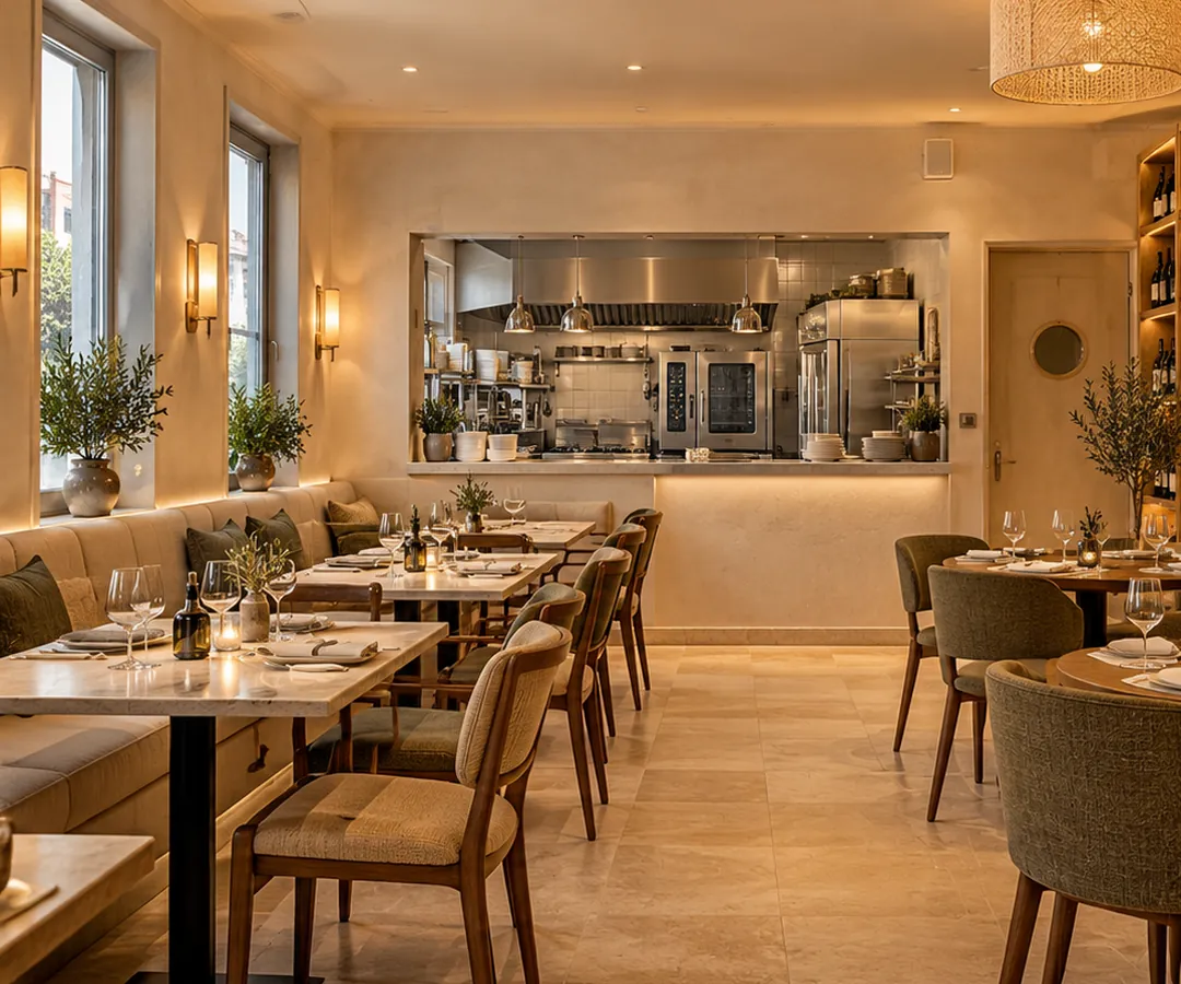 Simulation après travaux : salle de restaurant chaleureuse, banquette, éclairage doux, cuisine ouverte rééquipée