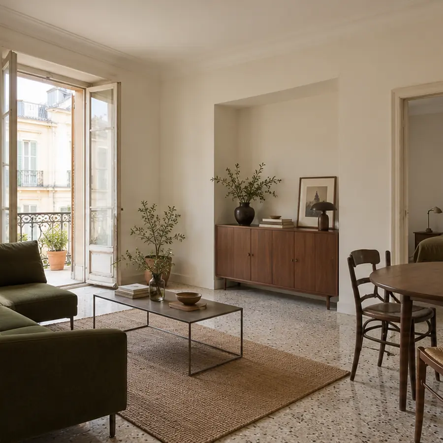 Simulation après travaux : séjour d'appartement rénové, murs refaits, mobilier contemporain