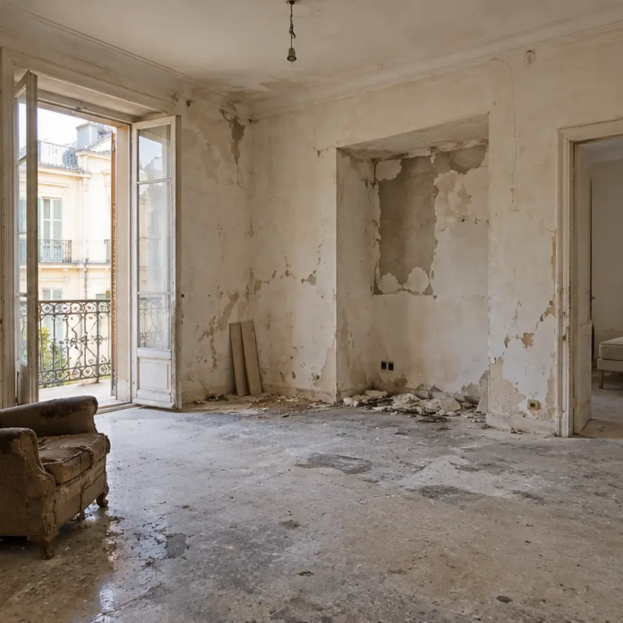 Simulation avant travaux : appartement délabré, murs décrépis, gravats au sol
