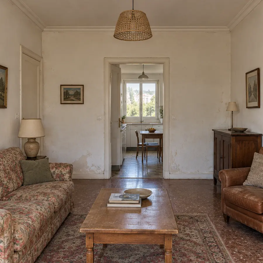Simulation avant travaux : séjour fermé au mobilier ancien