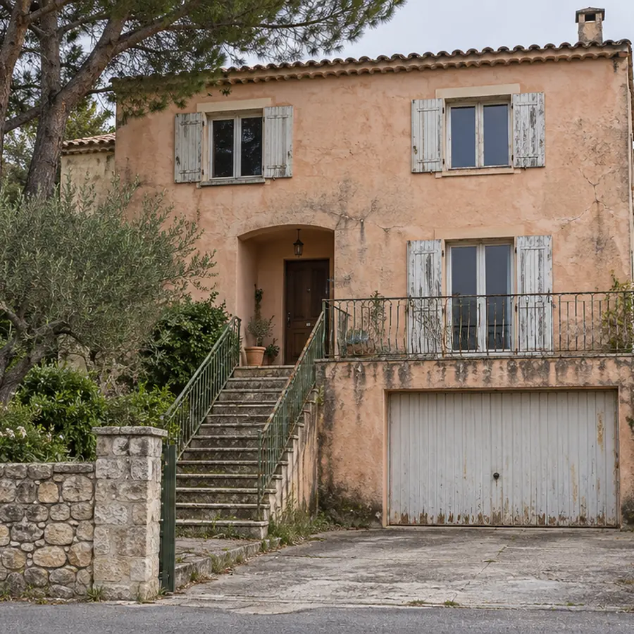 Simulation avant travaux : maison provençale à la façade défraîchie, volets fatigués