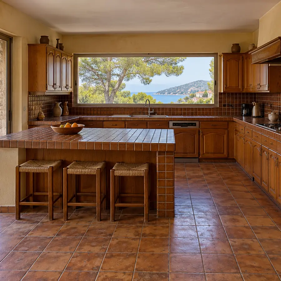 Simulation avant travaux : grande cuisine en bois foncé et carrelage ancien