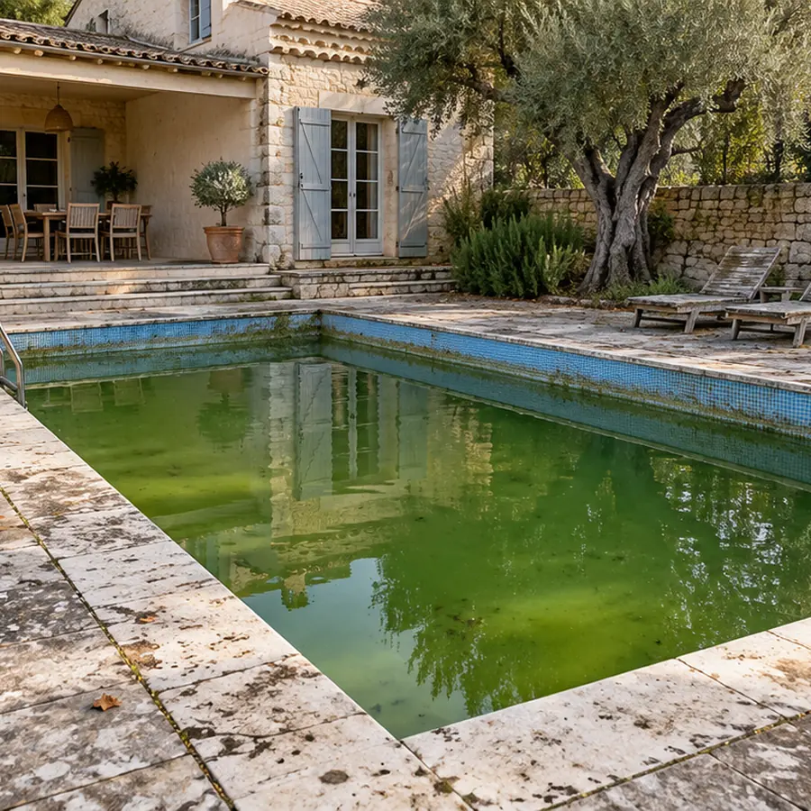 Simulation avant travaux : piscine à l'eau verte, plage encrassée