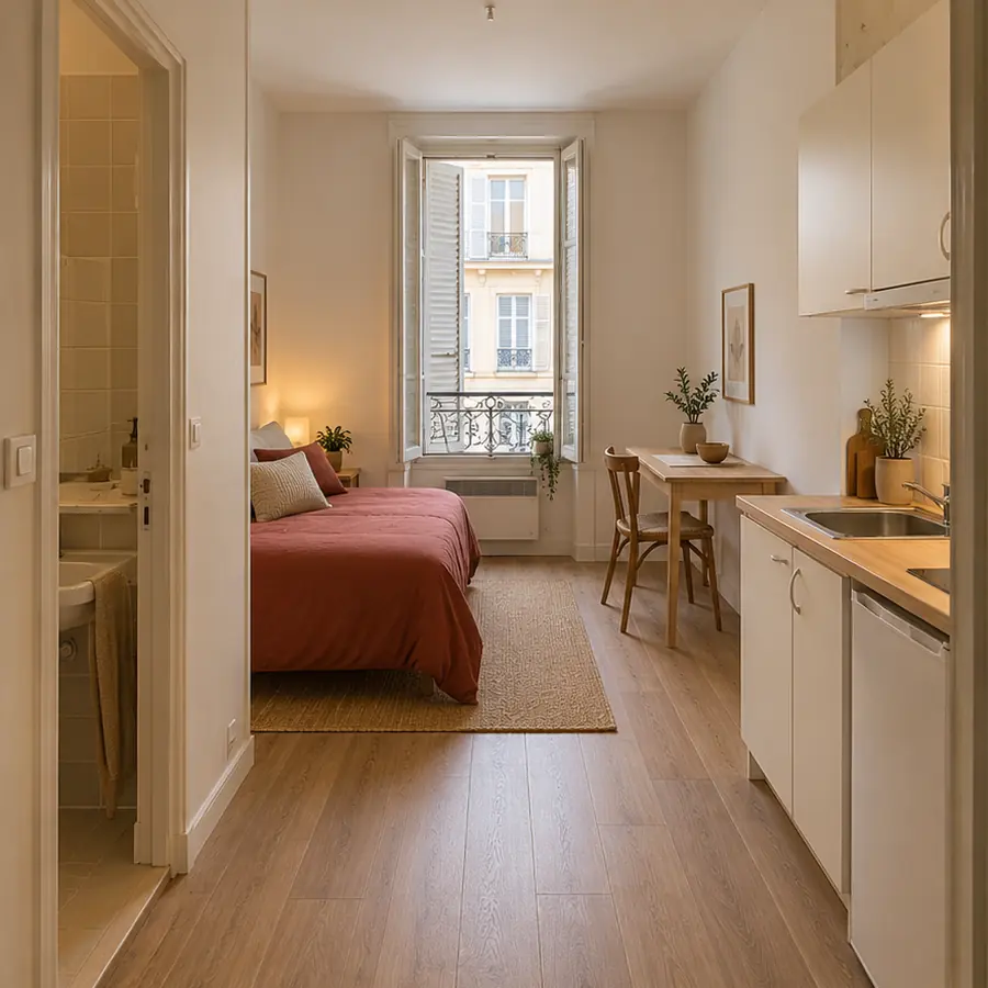 Simulation après travaux : studio rénové avec lit, coin cuisine et rangements