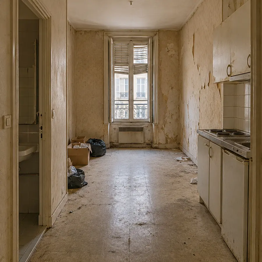 Simulation avant travaux : studio dégradé, murs écaillés, sol abîmé