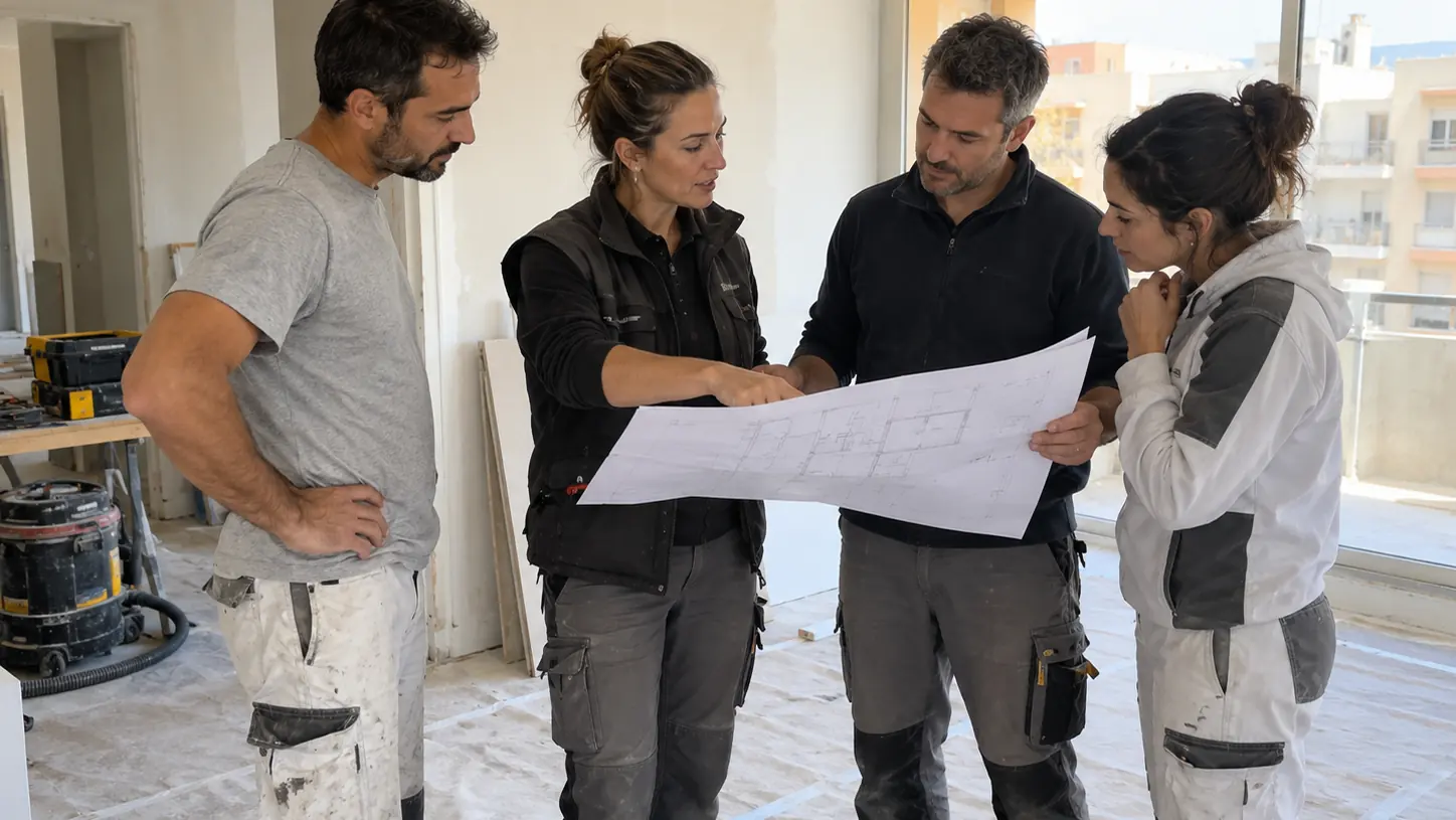 Point d'équipe sur un chantier, autour d'un plan